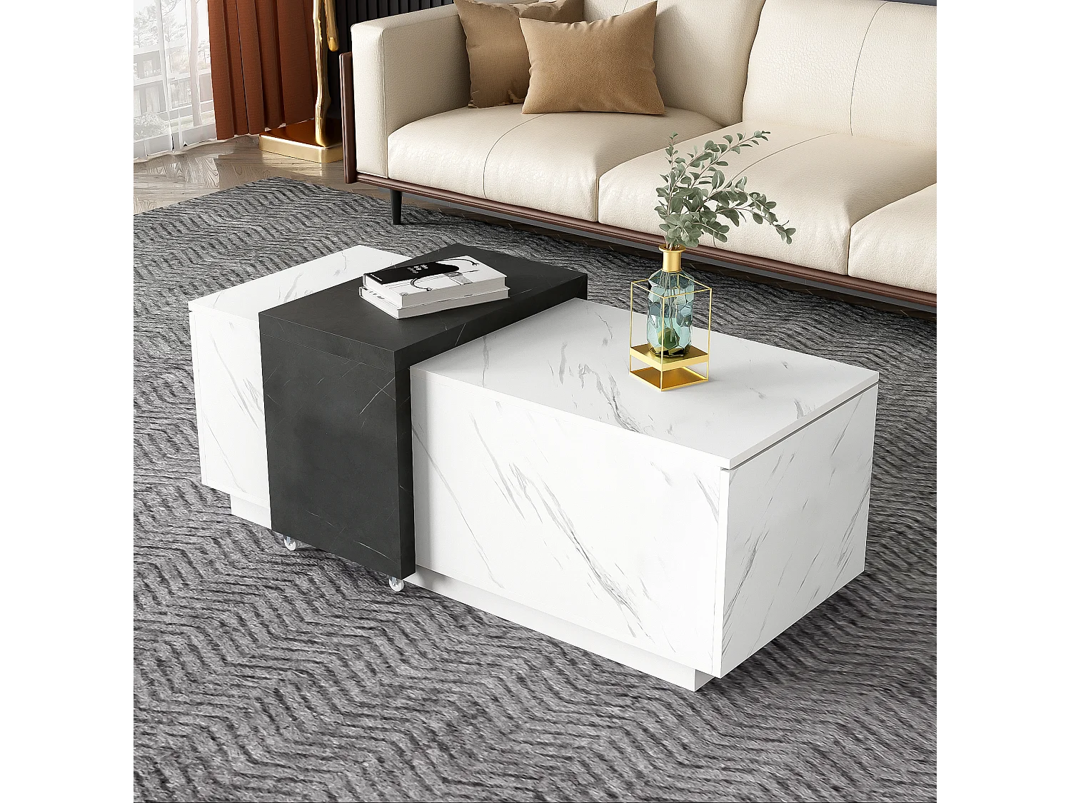 Table basse avec 2 portes latérales - 110 L x 50 l x 40 H cm - panneaux de particules - aspect marbre - blanc et noir