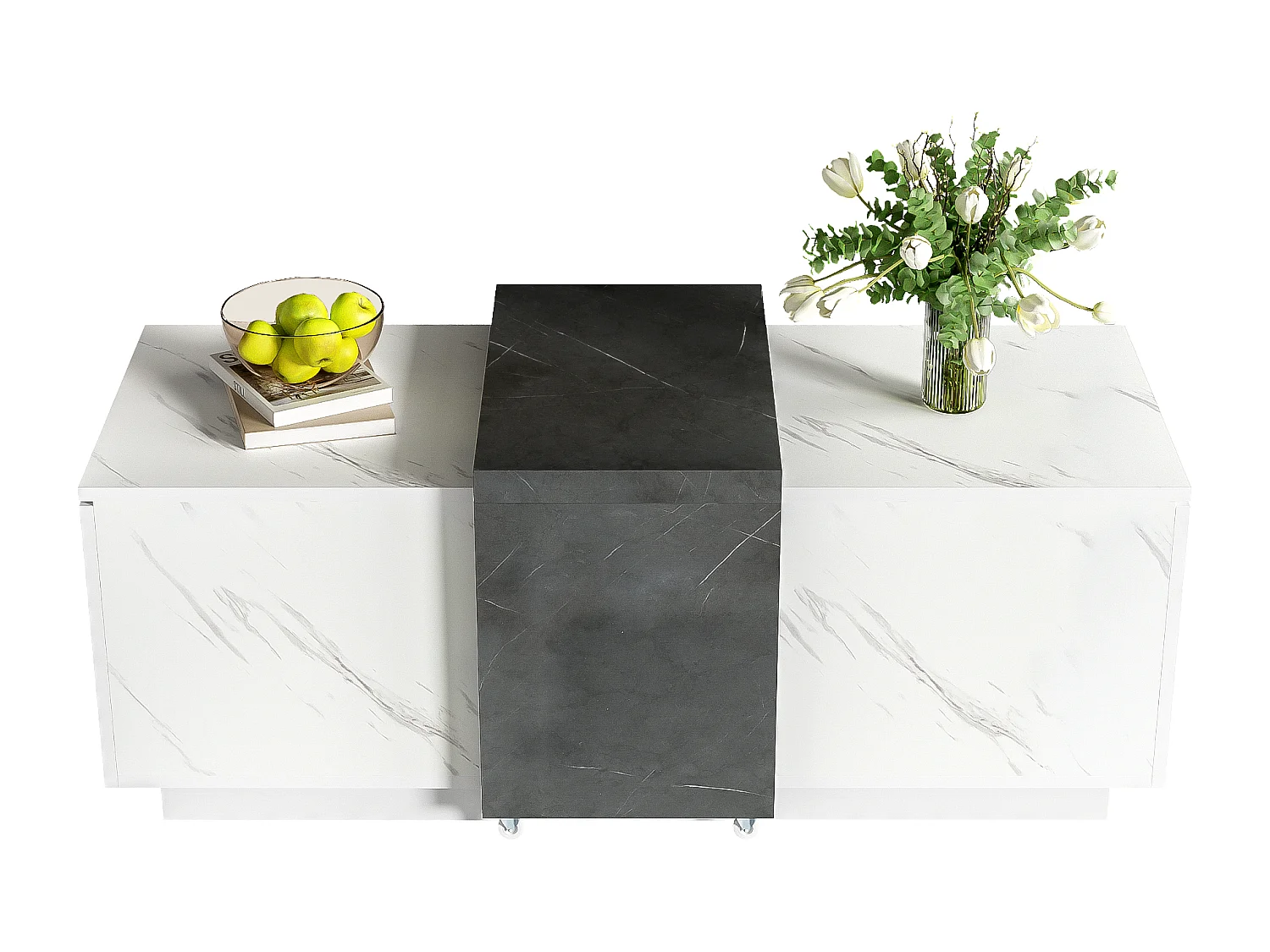 Table basse avec 2 portes latérales - 110 L x 50 l x 40 H cm - panneaux de particules - aspect marbre - blanc et noir