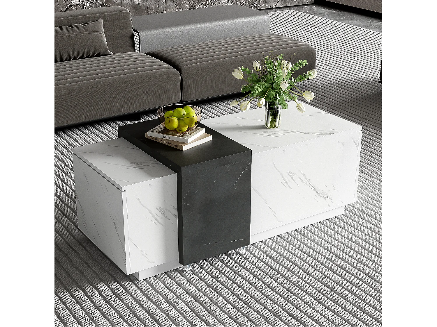 Table basse avec 2 portes latérales - 110 L x 50 l x 40 H cm - panneaux de particules - aspect marbre - blanc et noir