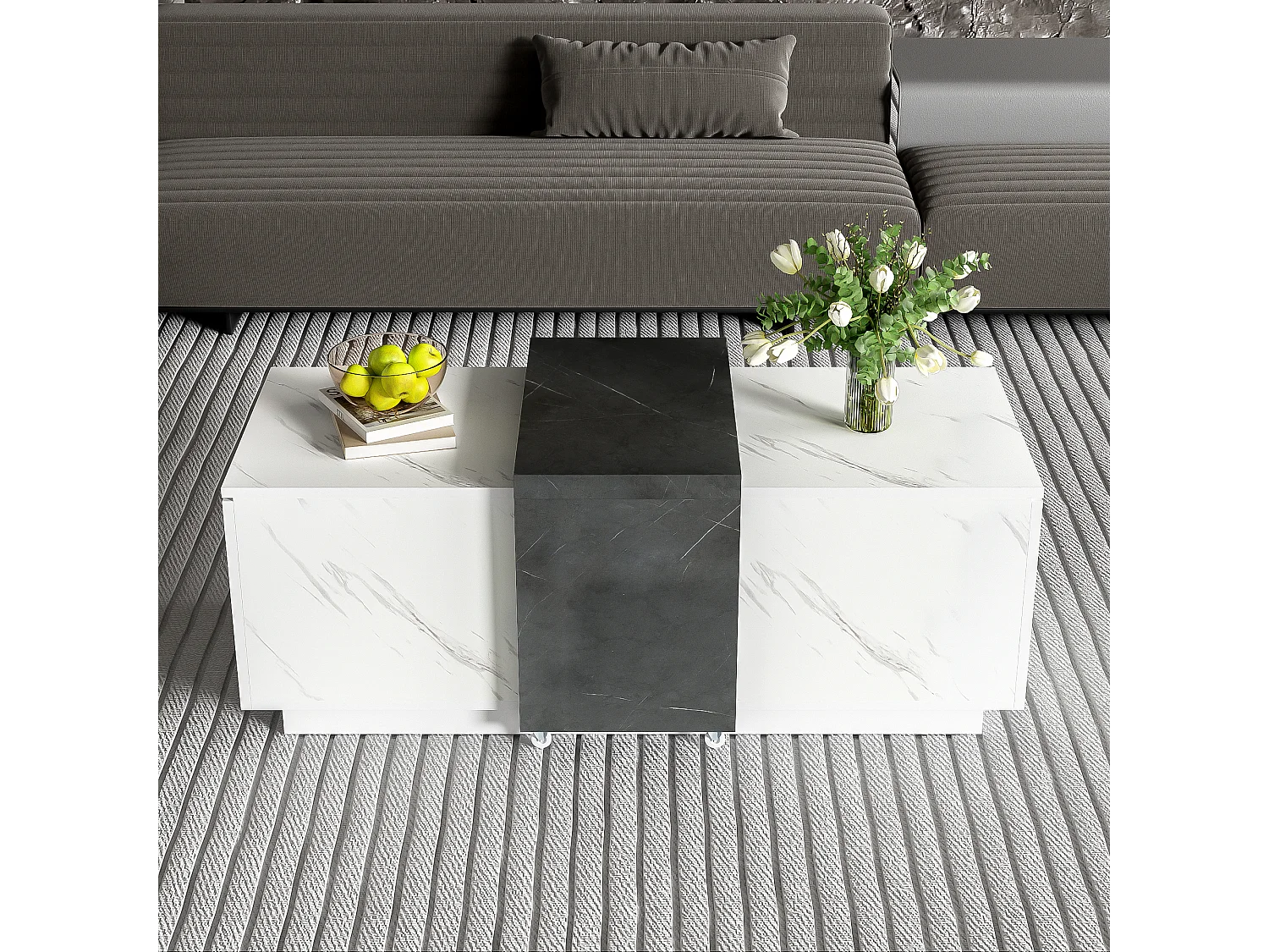 Table basse avec 2 portes latérales - 110 L x 50 l x 40 H cm - panneaux de particules - aspect marbre - blanc et noir