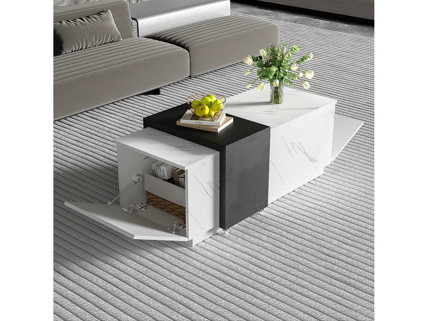 Table basse avec 2 portes latérales - 110 L x 50 l x 40 H cm - panneaux de particules - aspect marbre - blanc et noir