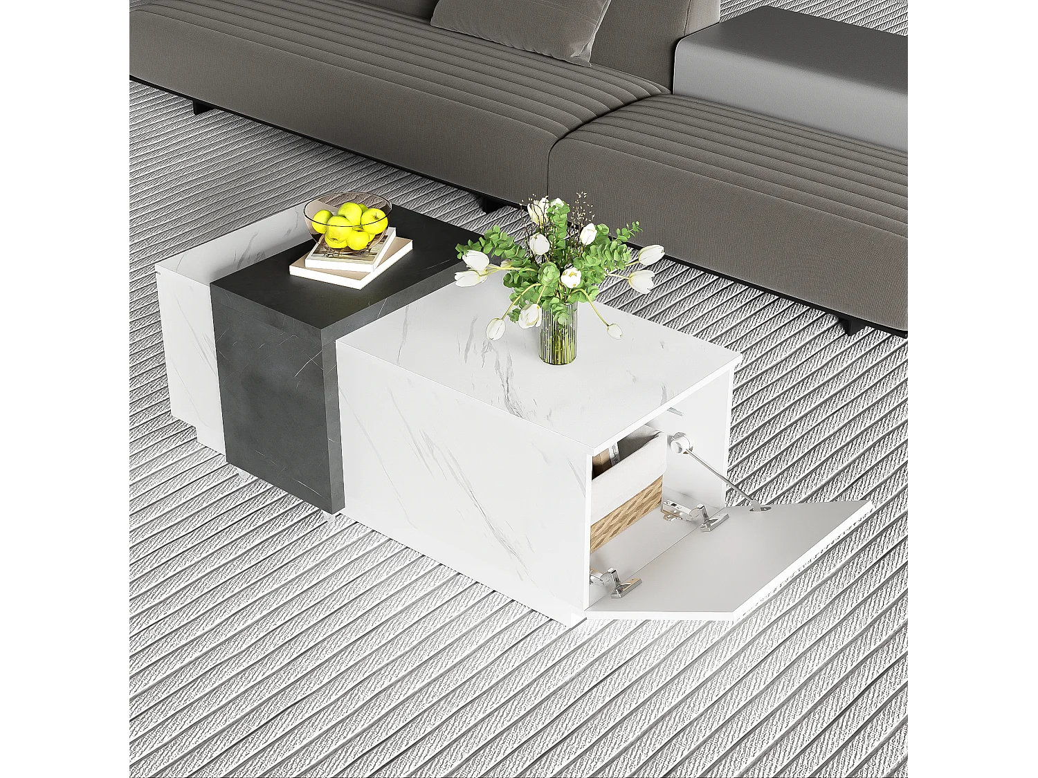 Table basse avec 2 portes latérales - 110 L x 50 l x 40 H cm - panneaux de particules - aspect marbre - blanc et noir