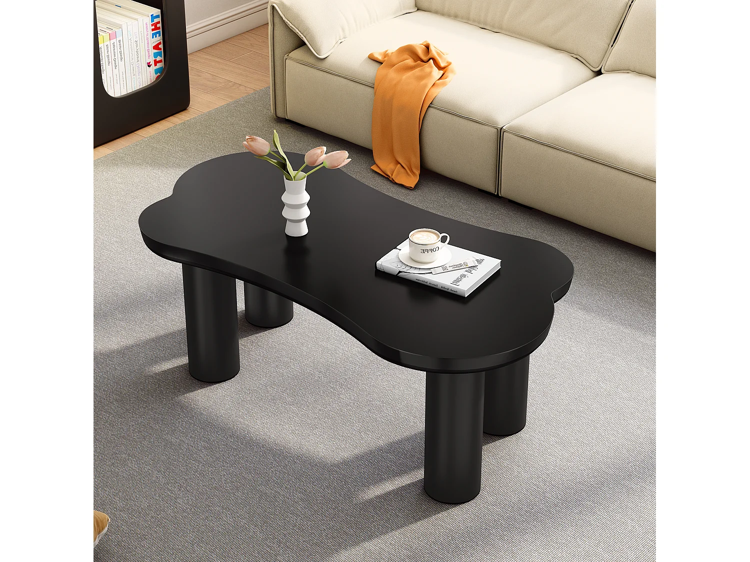 Onregelmatige salontafel in beenvorm - 113 x 58 x 40,5 cm - MDF blad en PVC poten - Zwart