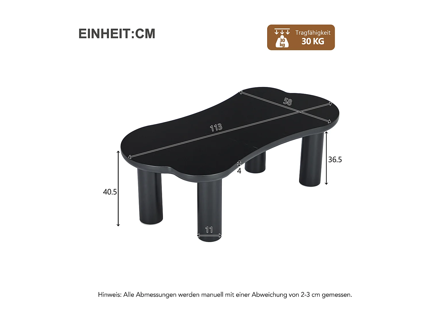 Onregelmatige salontafel in beenvorm - 113 x 58 x 40,5 cm - MDF blad en PVC poten - Zwart