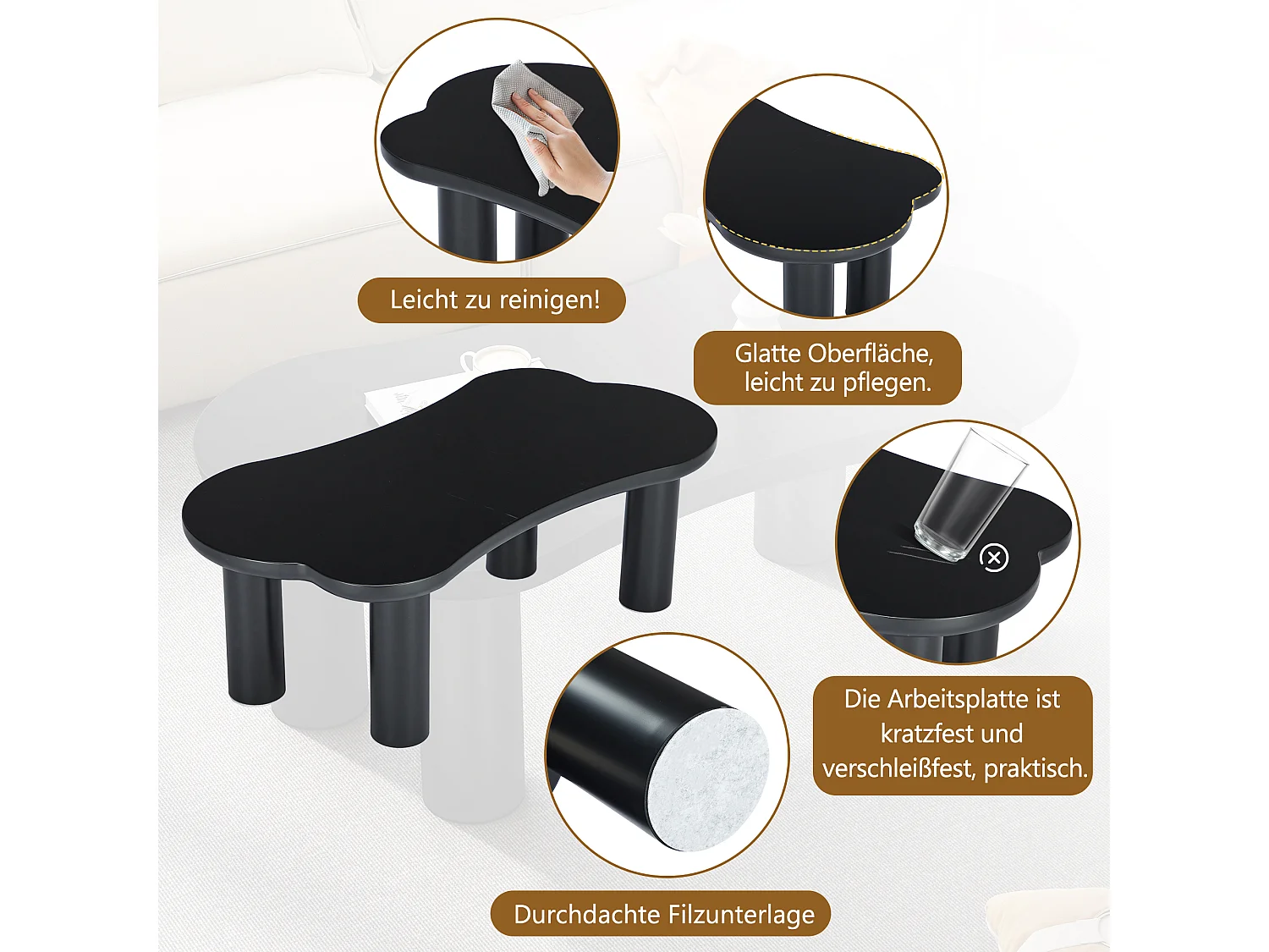 Onregelmatige salontafel in beenvorm - 113 x 58 x 40,5 cm - MDF blad en PVC poten - Zwart