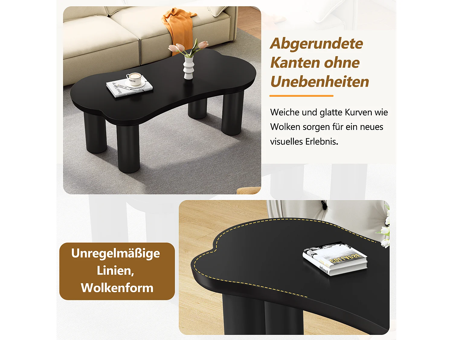 Onregelmatige salontafel in beenvorm - 113 x 58 x 40,5 cm - MDF blad en PVC poten - Zwart