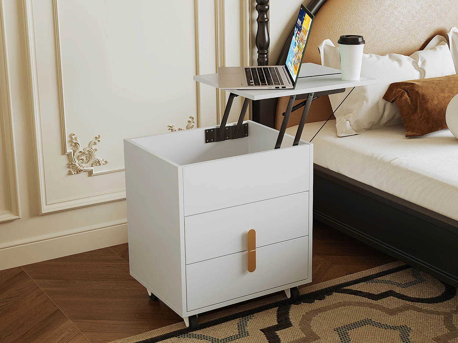 Table de chevet avec 2 tiroirs et plateau relevable - 74 x 40.2 x 71 cm - prise USB et roulettes inclus - Bois MDF - Blanc