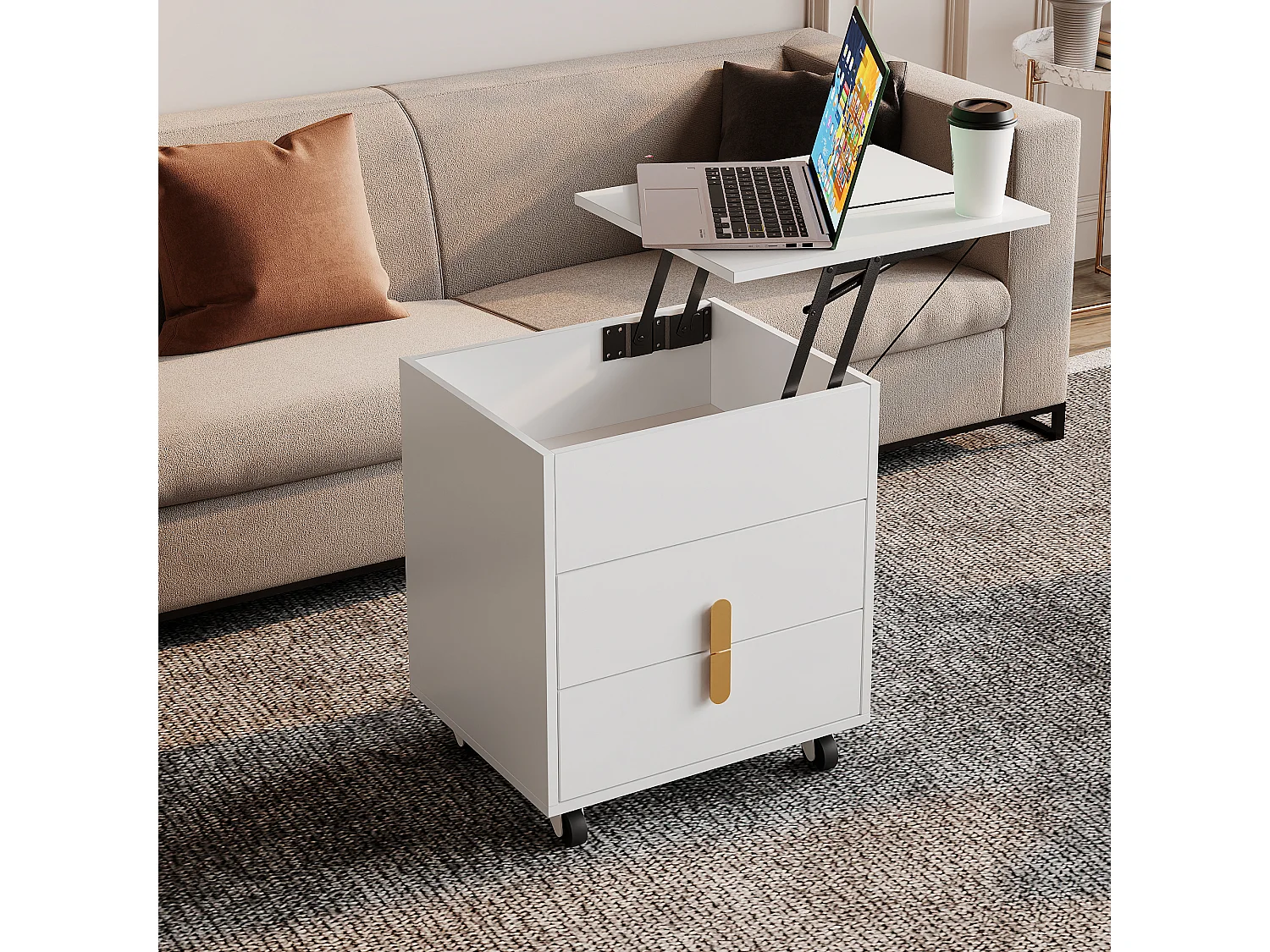 Table de chevet avec 2 tiroirs et plateau relevable - 74 x 40.2 x 71 cm - prise USB et roulettes inclus - Bois MDF - Blanc