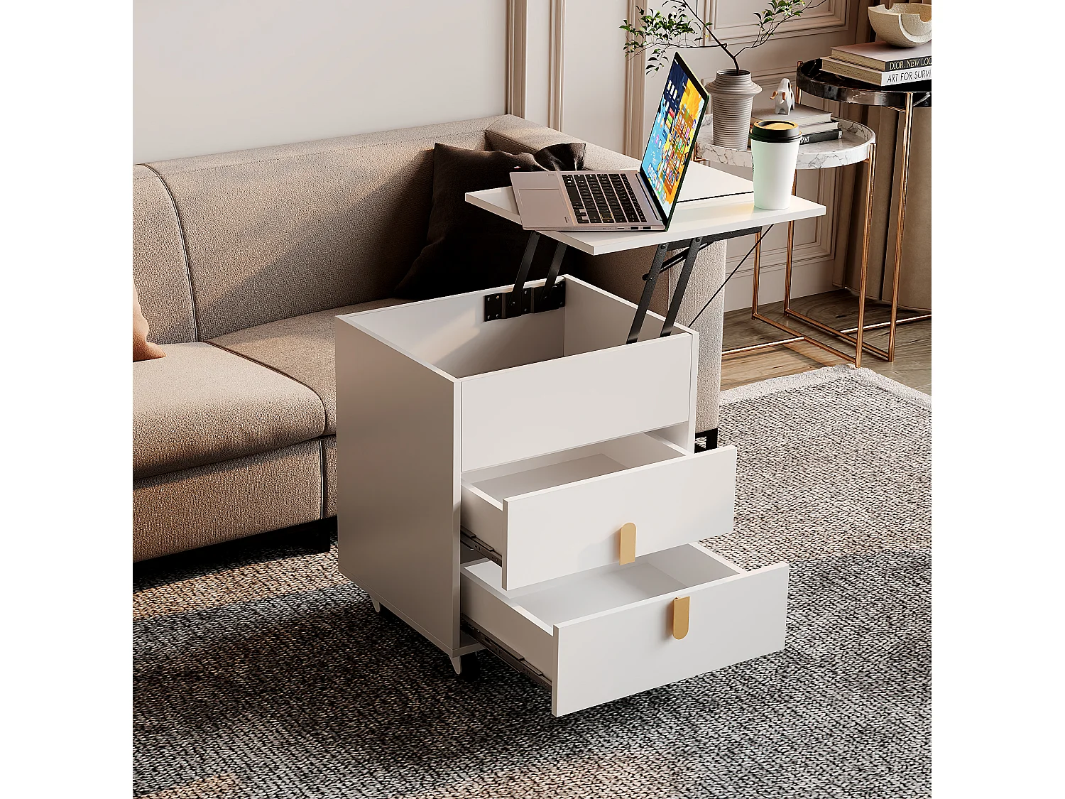 Table de chevet avec 2 tiroirs et plateau relevable - 74 x 40.2 x 71 cm - prise USB et roulettes inclus - Bois MDF - Blanc