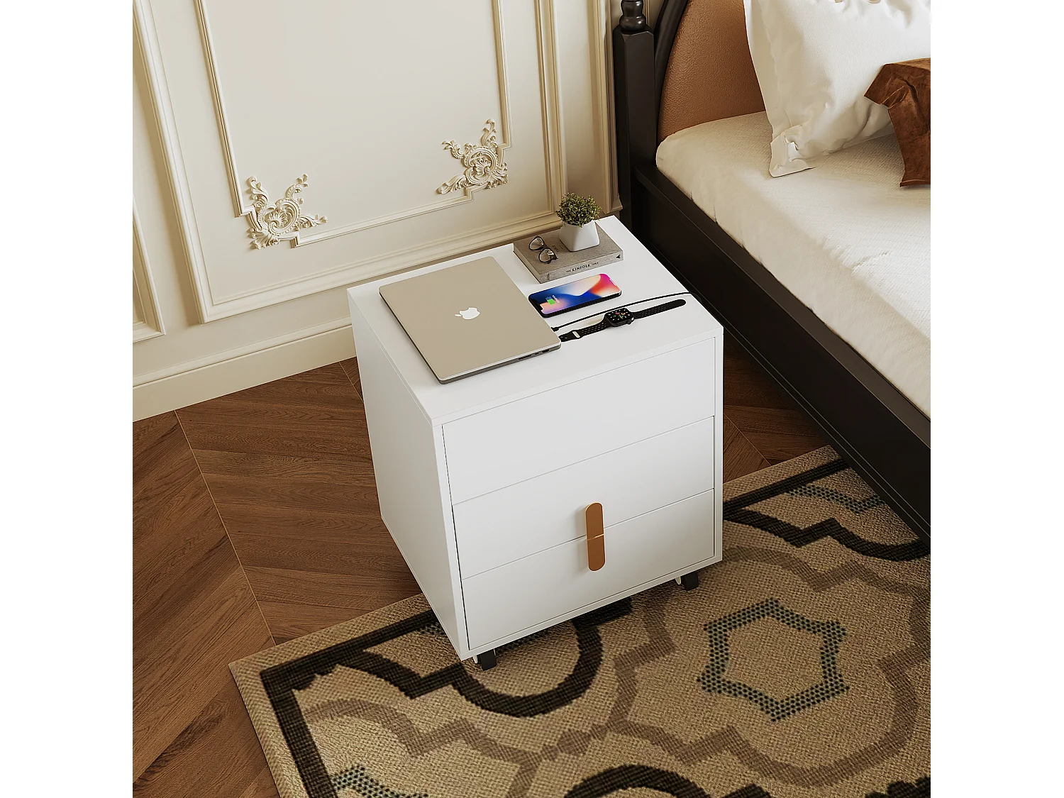 Table de chevet avec 2 tiroirs et plateau relevable - 74 x 40.2 x 71 cm - prise USB et roulettes inclus - Bois MDF - Blanc