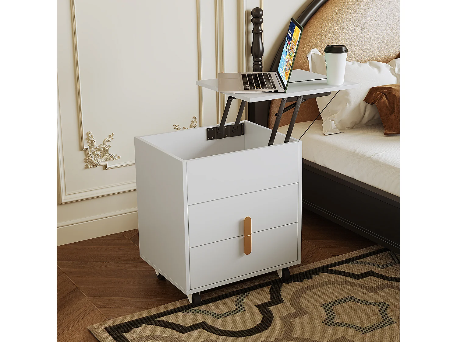 Table de chevet avec 2 tiroirs et plateau relevable - 74 x 40.2 x 71 cm - prise USB et roulettes inclus - Bois MDF - Blanc