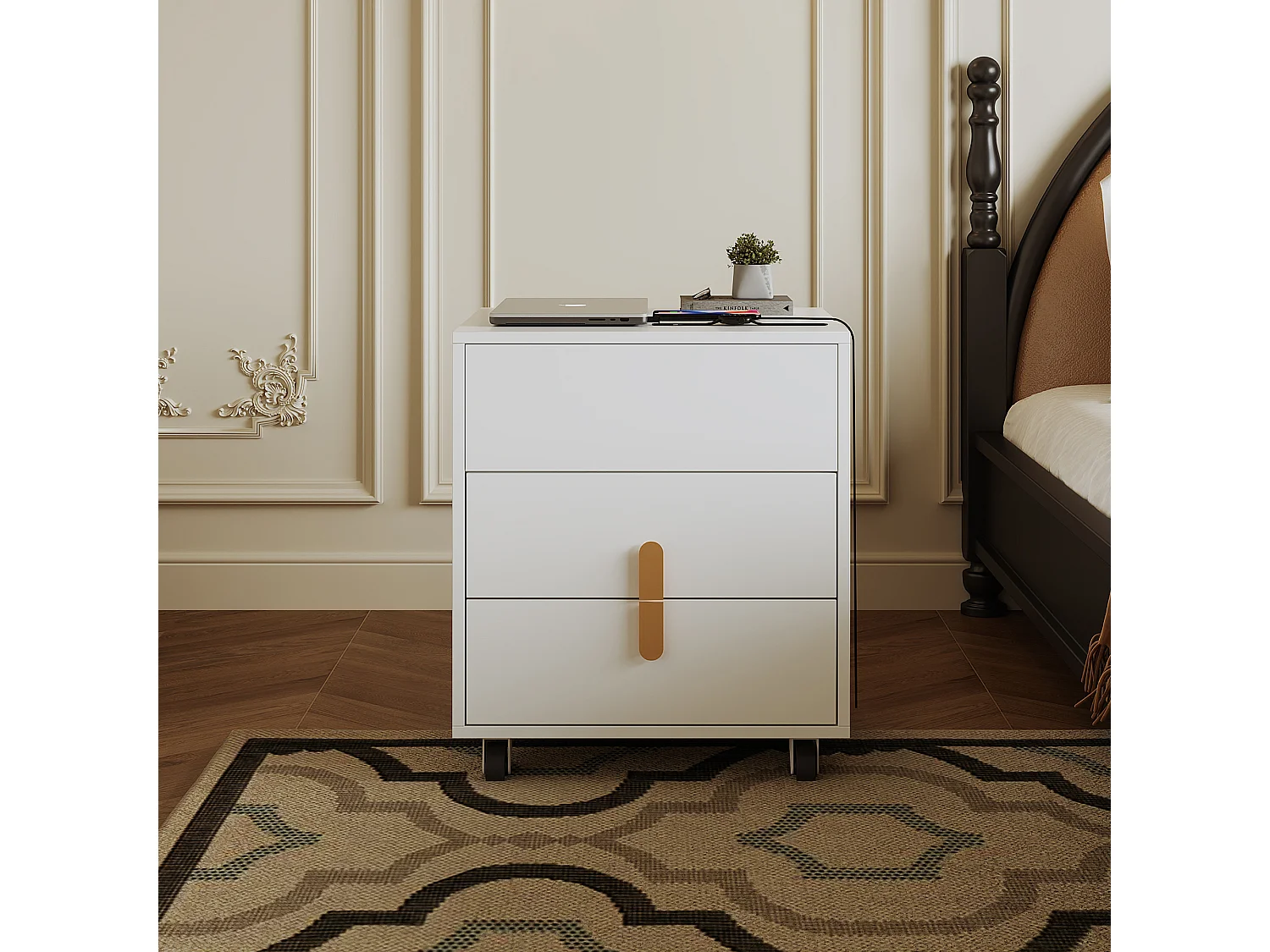 Table de chevet avec 2 tiroirs et plateau relevable - 74 x 40.2 x 71 cm - prise USB et roulettes inclus - Bois MDF - Blanc