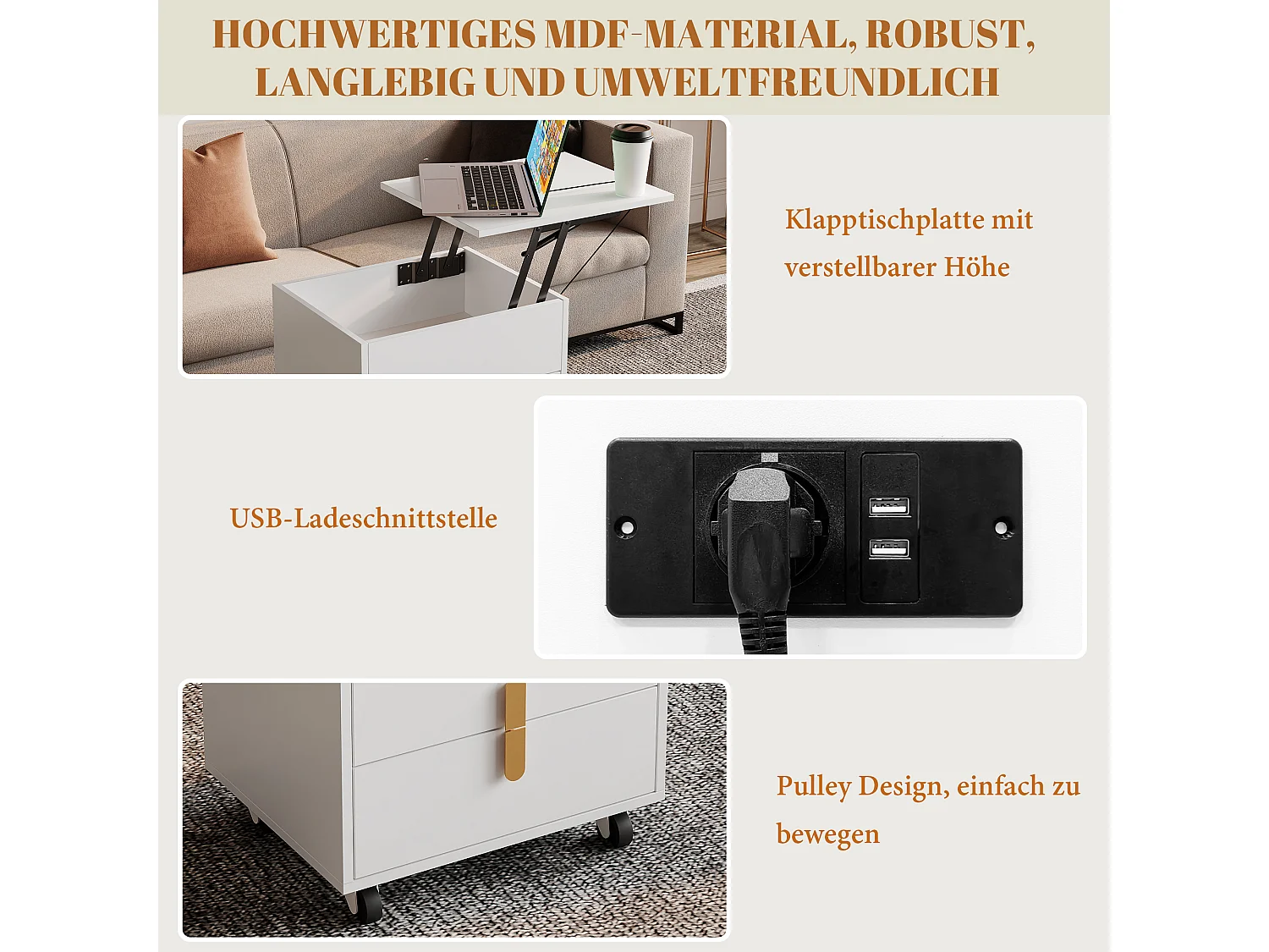 Table de chevet avec 2 tiroirs et plateau relevable - 74 x 40.2 x 71 cm - prise USB et roulettes inclus - Bois MDF - Blanc