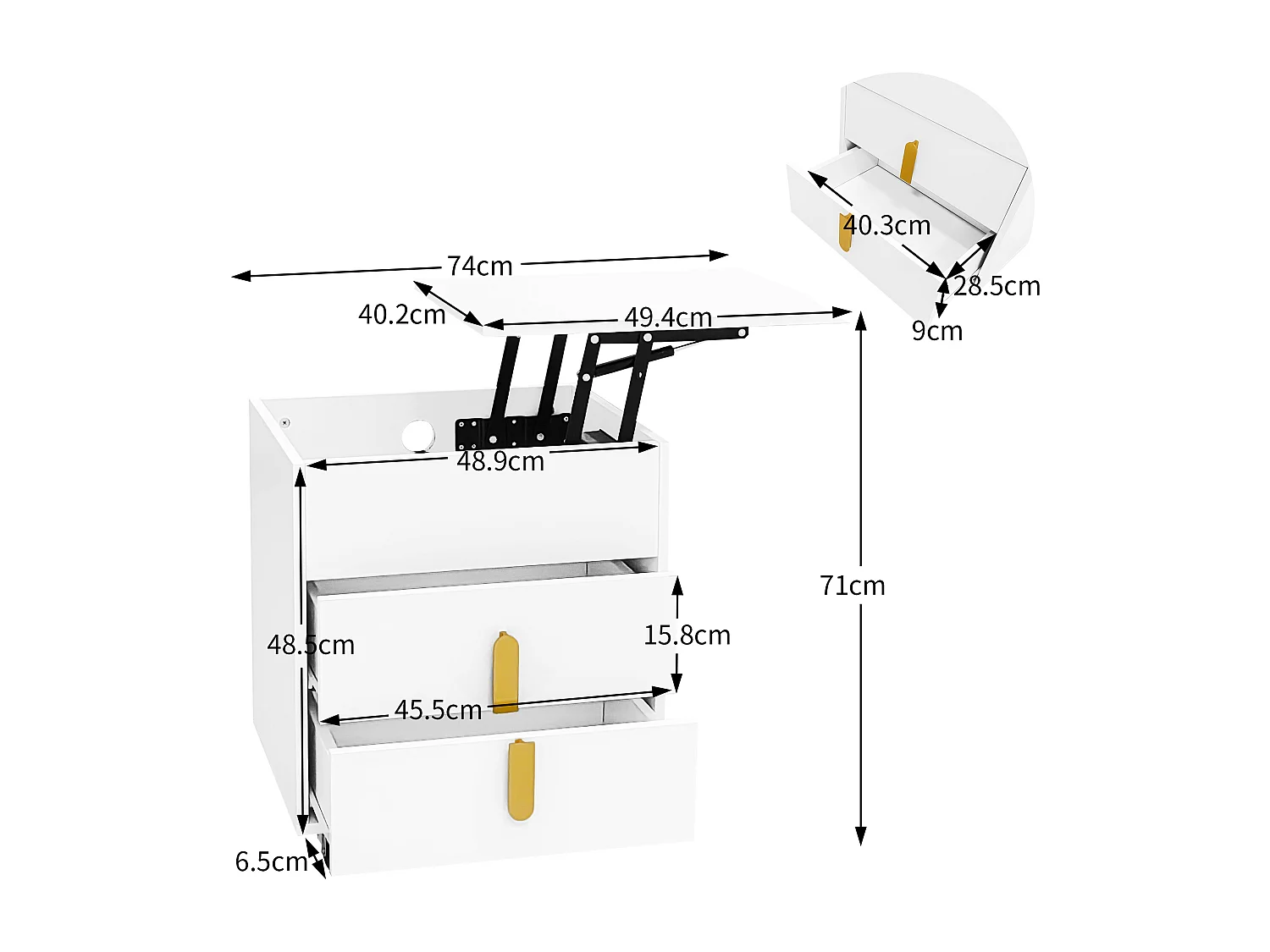 Table de chevet avec 2 tiroirs et plateau relevable - 74 x 40.2 x 71 cm - prise USB et roulettes inclus - Bois MDF - Blanc