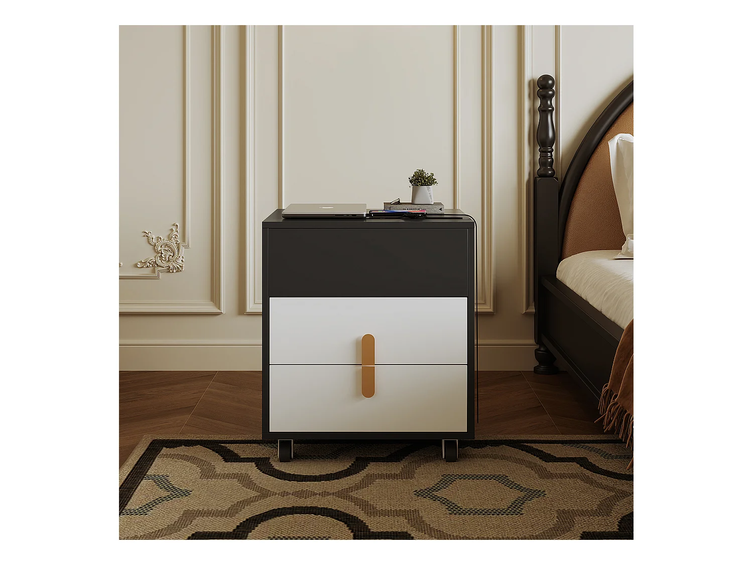 Nachtkastje met 2 laden en hefblad - 74 x 40,2 x 71 cm - Inclusief USB-aansluiting en zwenkwielen - MDF hout - Zwart en wit