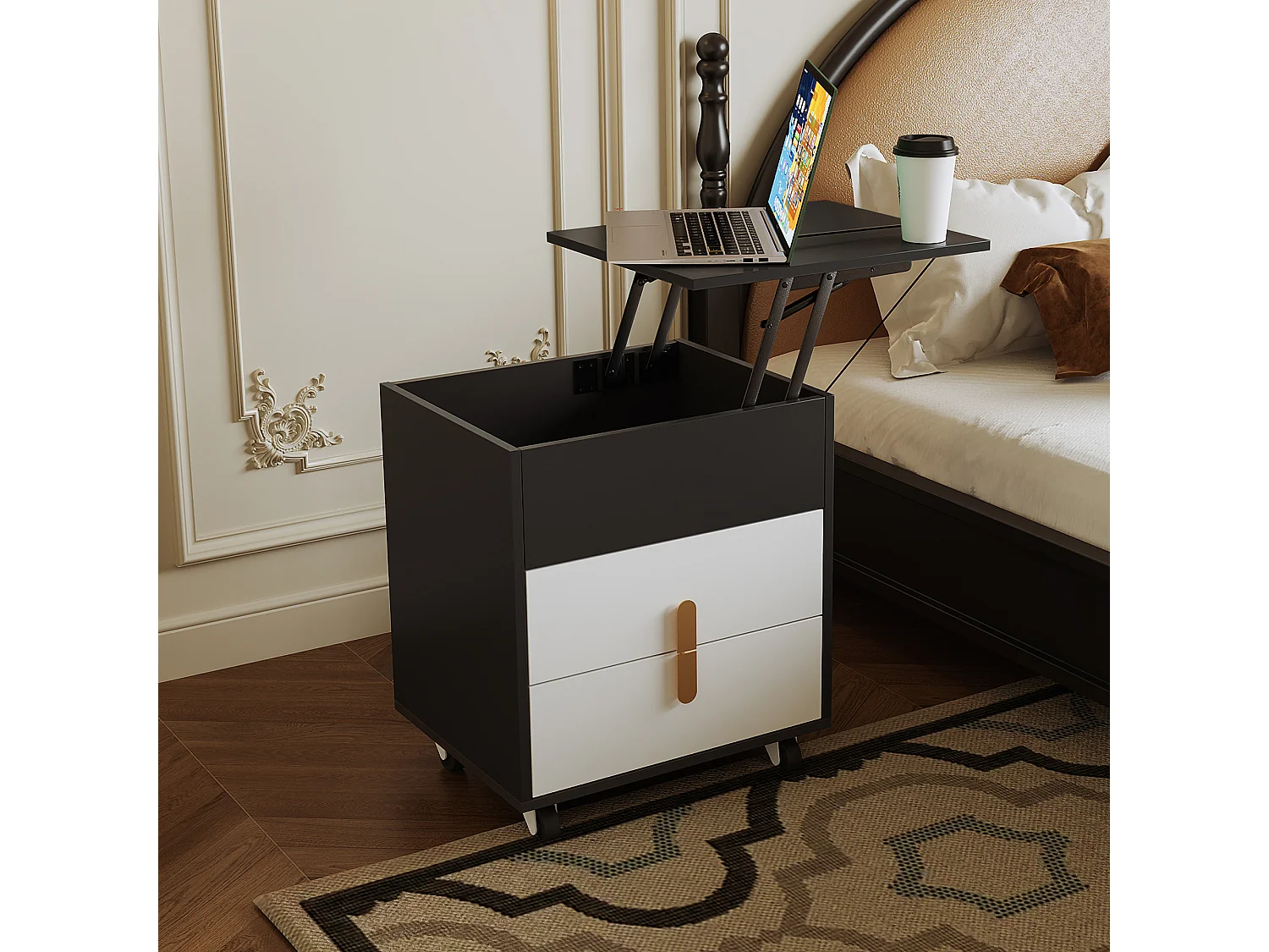 Nachtkastje met 2 laden en hefblad - 74 x 40,2 x 71 cm - Inclusief USB-aansluiting en zwenkwielen - MDF hout - Zwart en wit