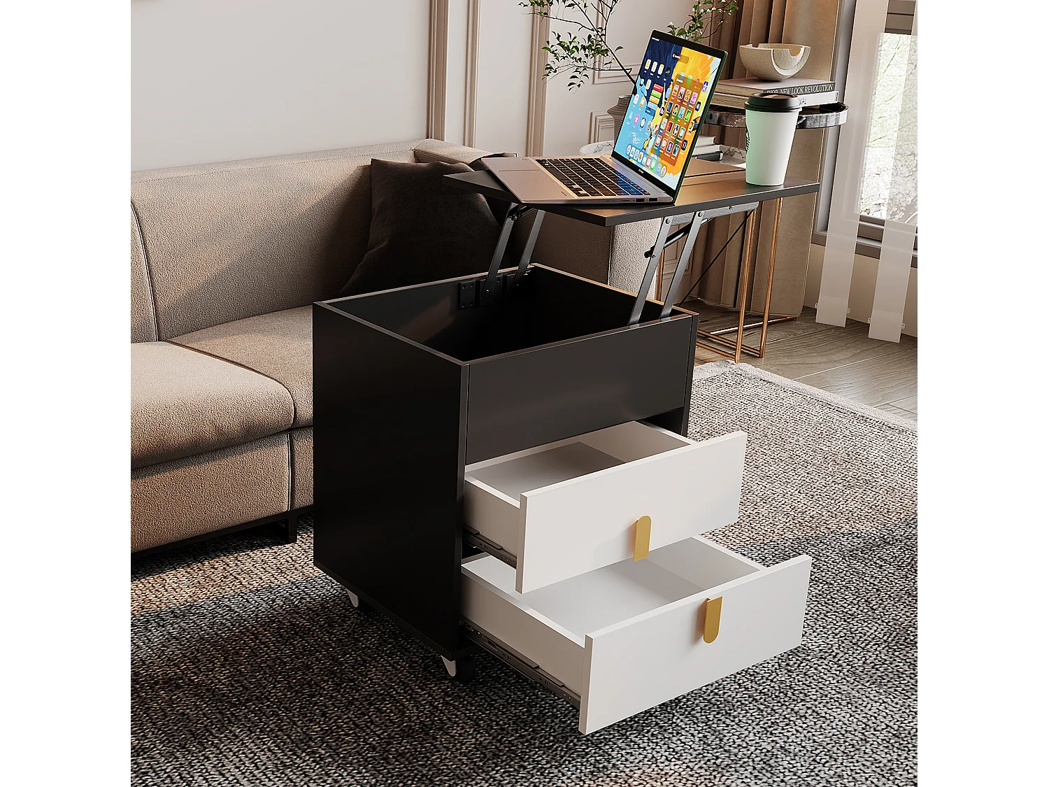 Nachtkastje met 2 laden en hefblad - 74 x 40,2 x 71 cm - Inclusief USB-aansluiting en zwenkwielen - MDF hout - Zwart en wit