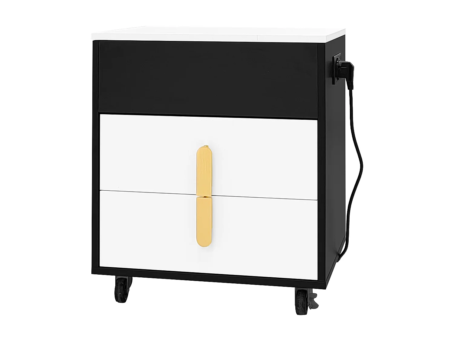 Nachtkastje met 2 laden en hefblad - 74 x 40,2 x 71 cm - Inclusief USB-aansluiting en zwenkwielen - MDF hout - Zwart en wit