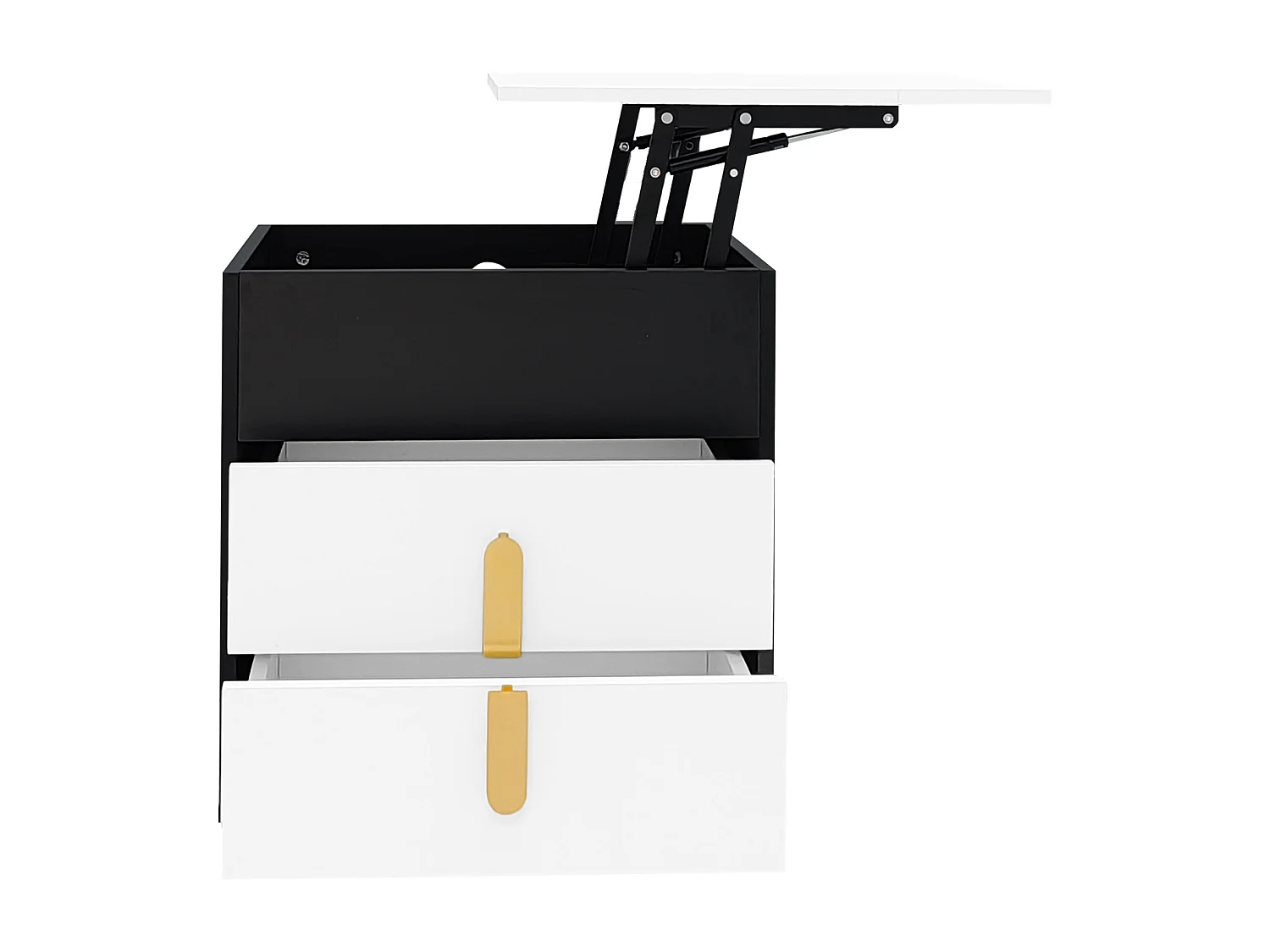 Nachtkastje met 2 laden en hefblad - 74 x 40,2 x 71 cm - Inclusief USB-aansluiting en zwenkwielen - MDF hout - Zwart en wit