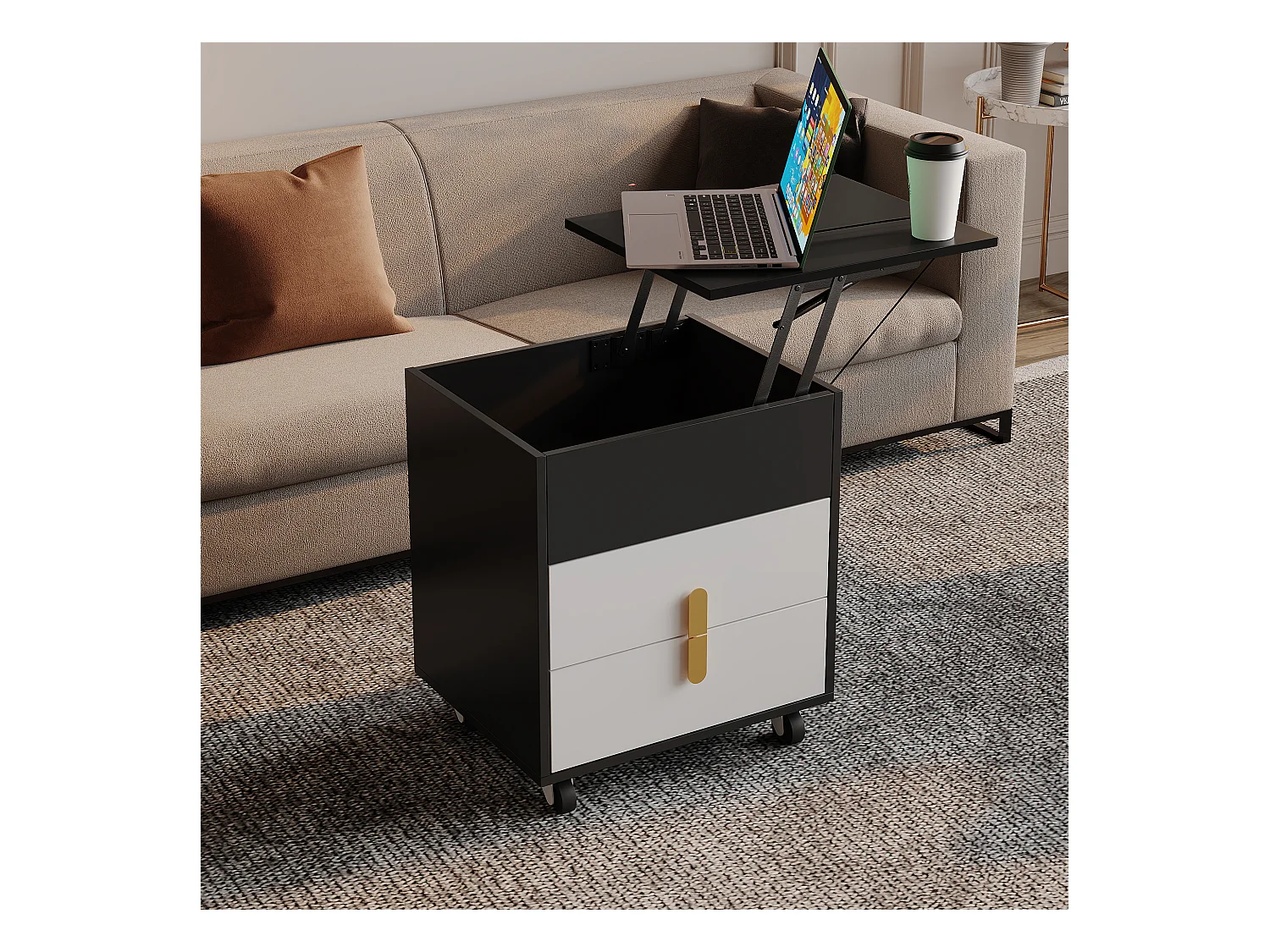 Nachtkastje met 2 laden en hefblad - 74 x 40,2 x 71 cm - Inclusief USB-aansluiting en zwenkwielen - MDF hout - Zwart en wit