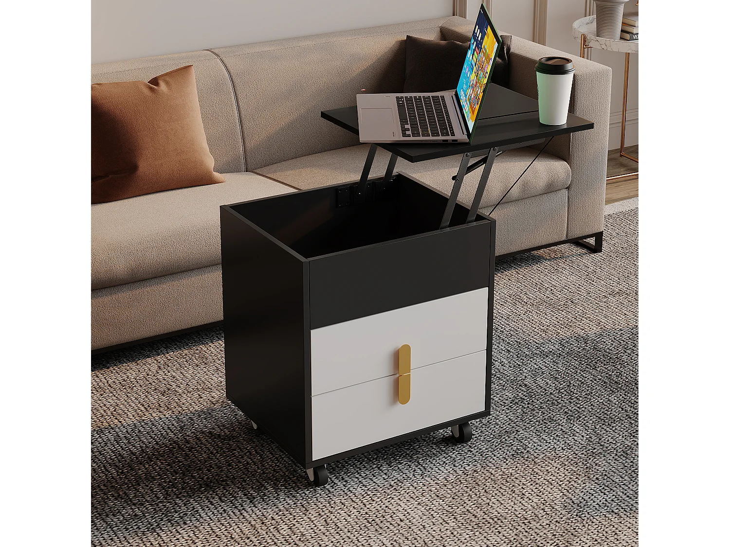 Comodino con 2 cassetti e piano sollevabile - 74 x 40,2 x 71 cm - Presa USB e ruote incluse - Legno MDF - Bianco e nero