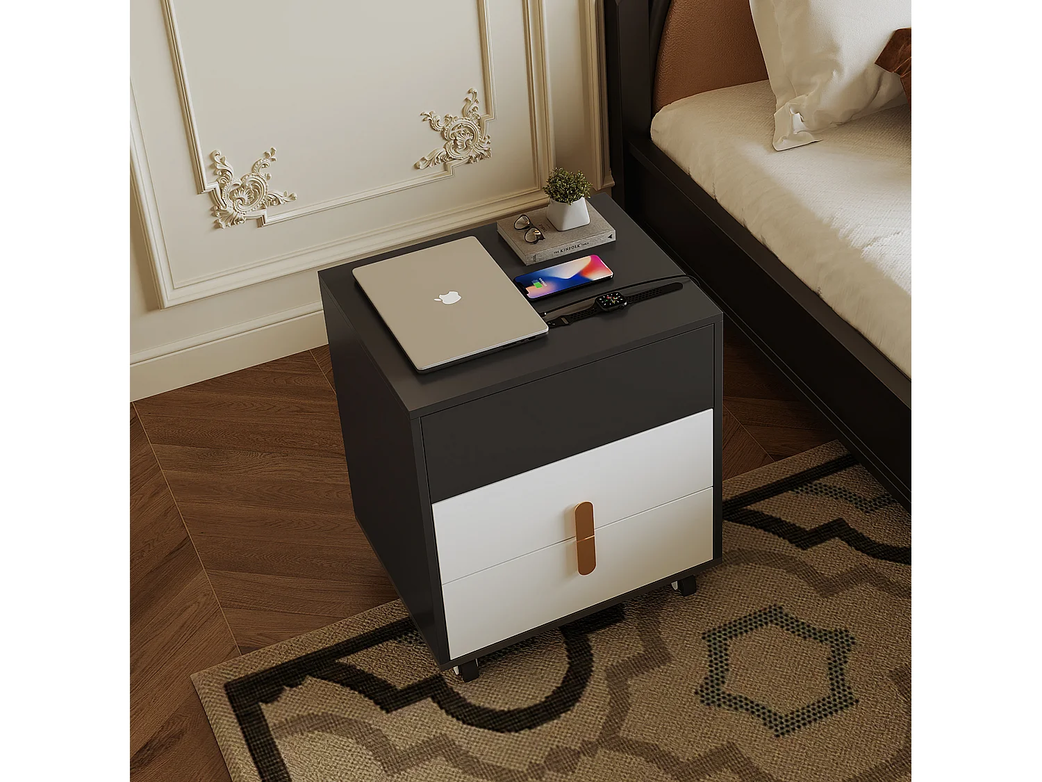 Comodino con 2 cassetti e piano sollevabile - 74 x 40,2 x 71 cm - Presa USB e ruote incluse - Legno MDF - Bianco e nero