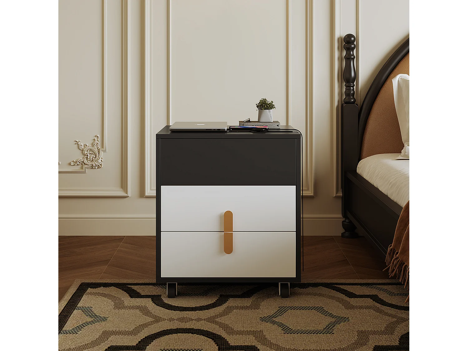 Comodino con 2 cassetti e piano sollevabile - 74 x 40,2 x 71 cm - Presa USB e ruote incluse - Legno MDF - Bianco e nero