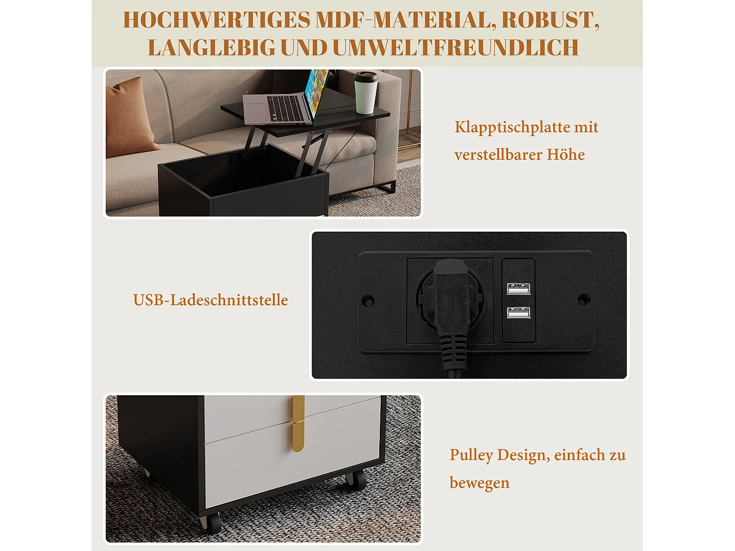 Comodino con 2 cassetti e piano sollevabile - 74 x 40,2 x 71 cm - Presa USB e ruote incluse - Legno MDF - Bianco e nero