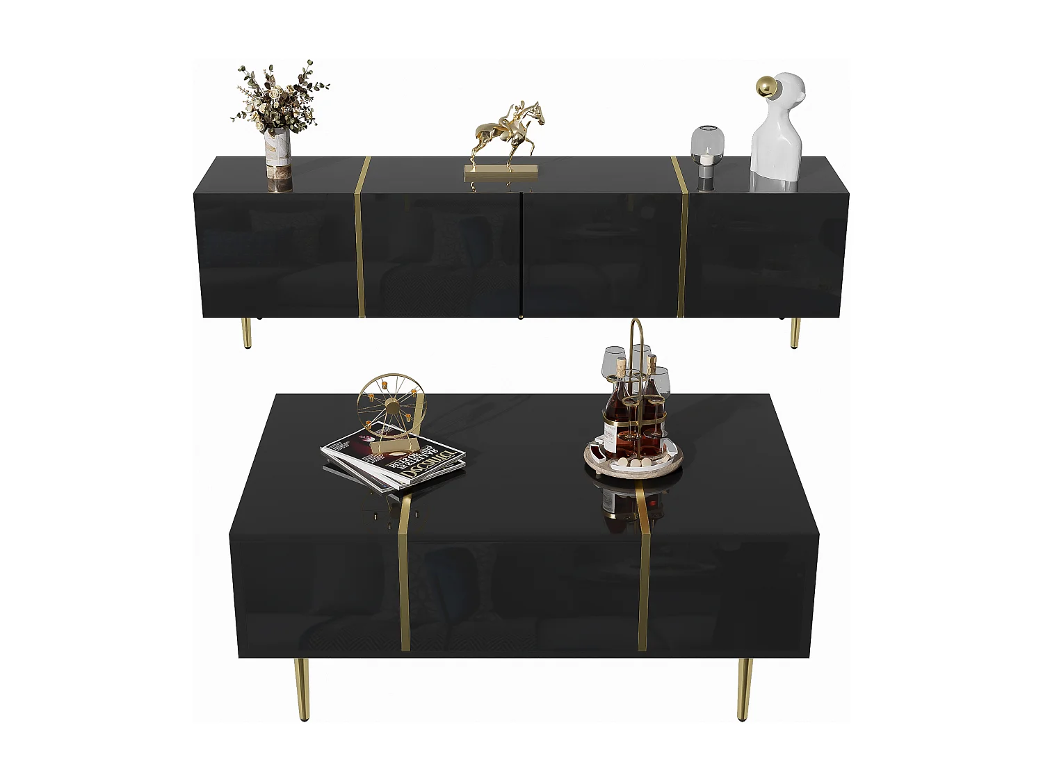 Ensemble meuble TV et table basse moderne - 170 x 35 x 46 cm + 100 x 60 x 41.5 cm - Bois MDF et pièds doré - Noir brillant