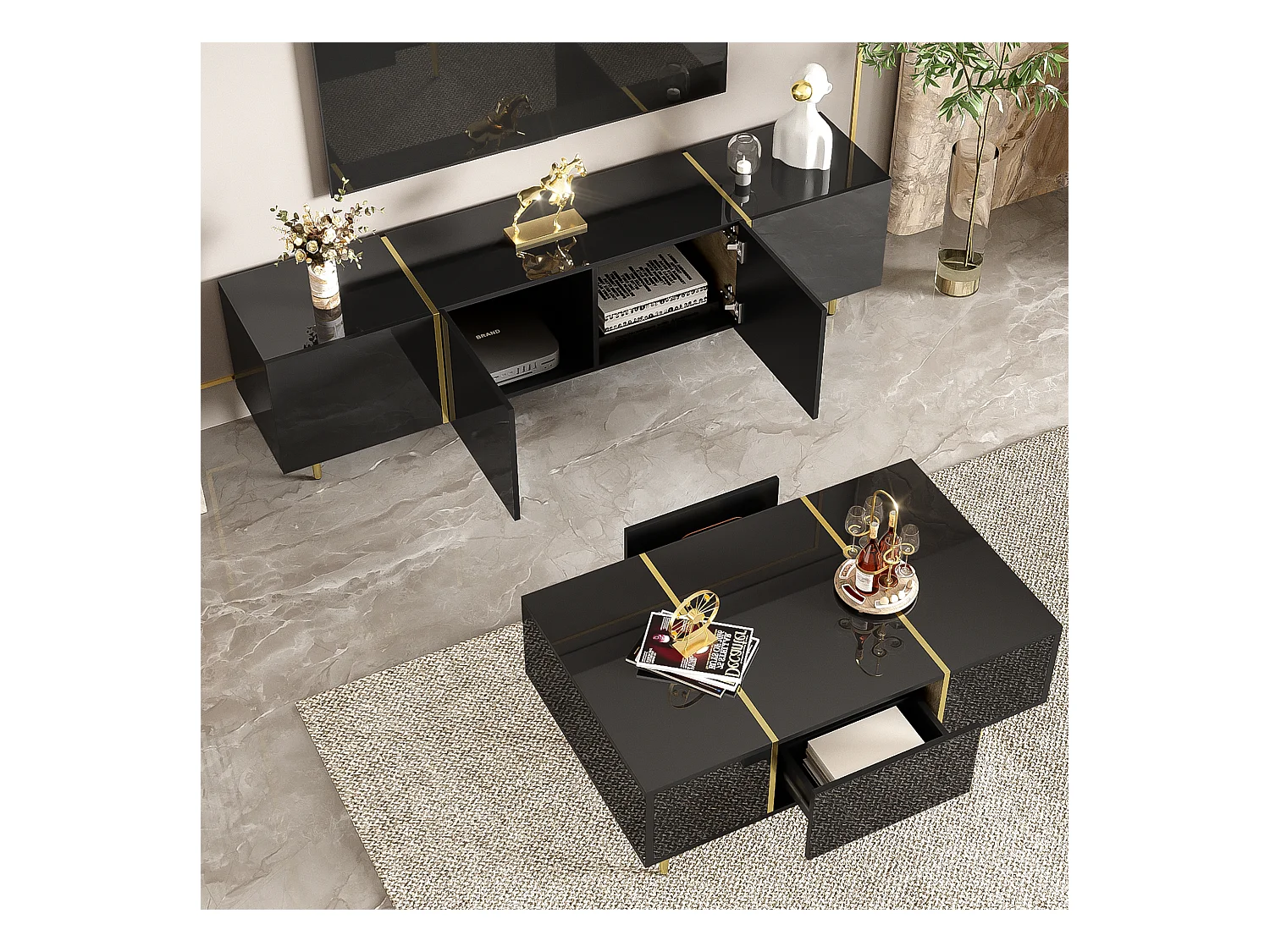Ensemble meuble TV et table basse moderne - 170 x 35 x 46 cm + 100 x 60 x 41.5 cm - Bois MDF et pièds doré - Noir brillant