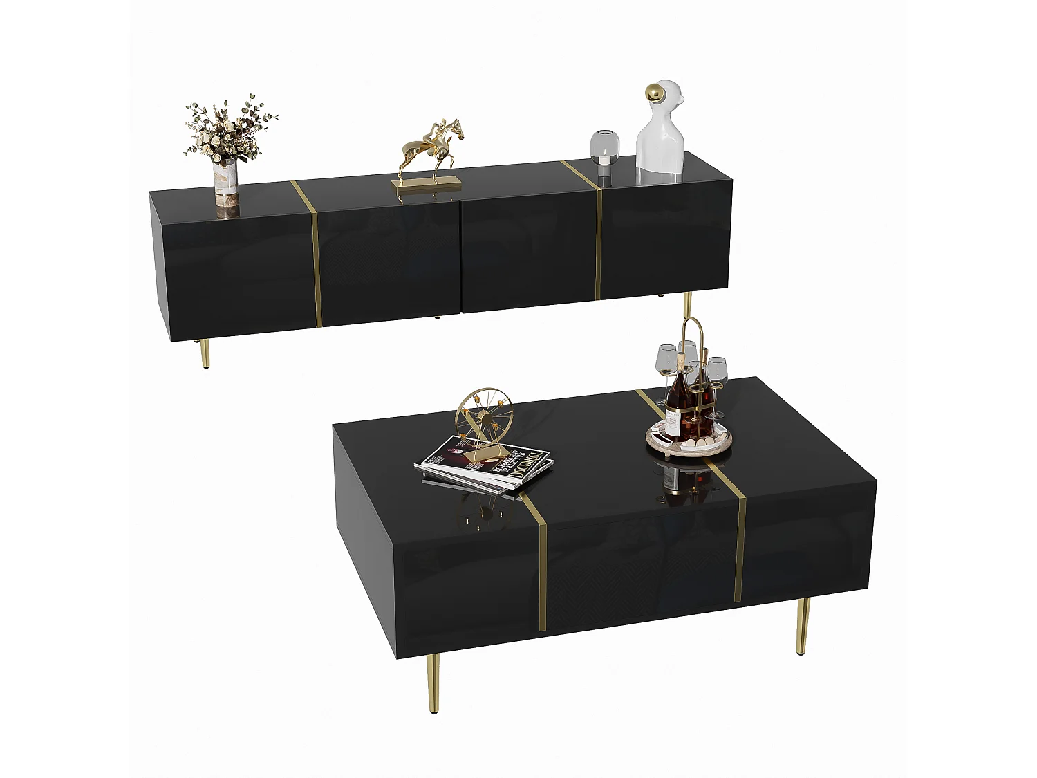 Ensemble meuble TV et table basse moderne - 170 x 35 x 46 cm + 100 x 60 x 41.5 cm - Bois MDF et pièds doré - Noir brillant