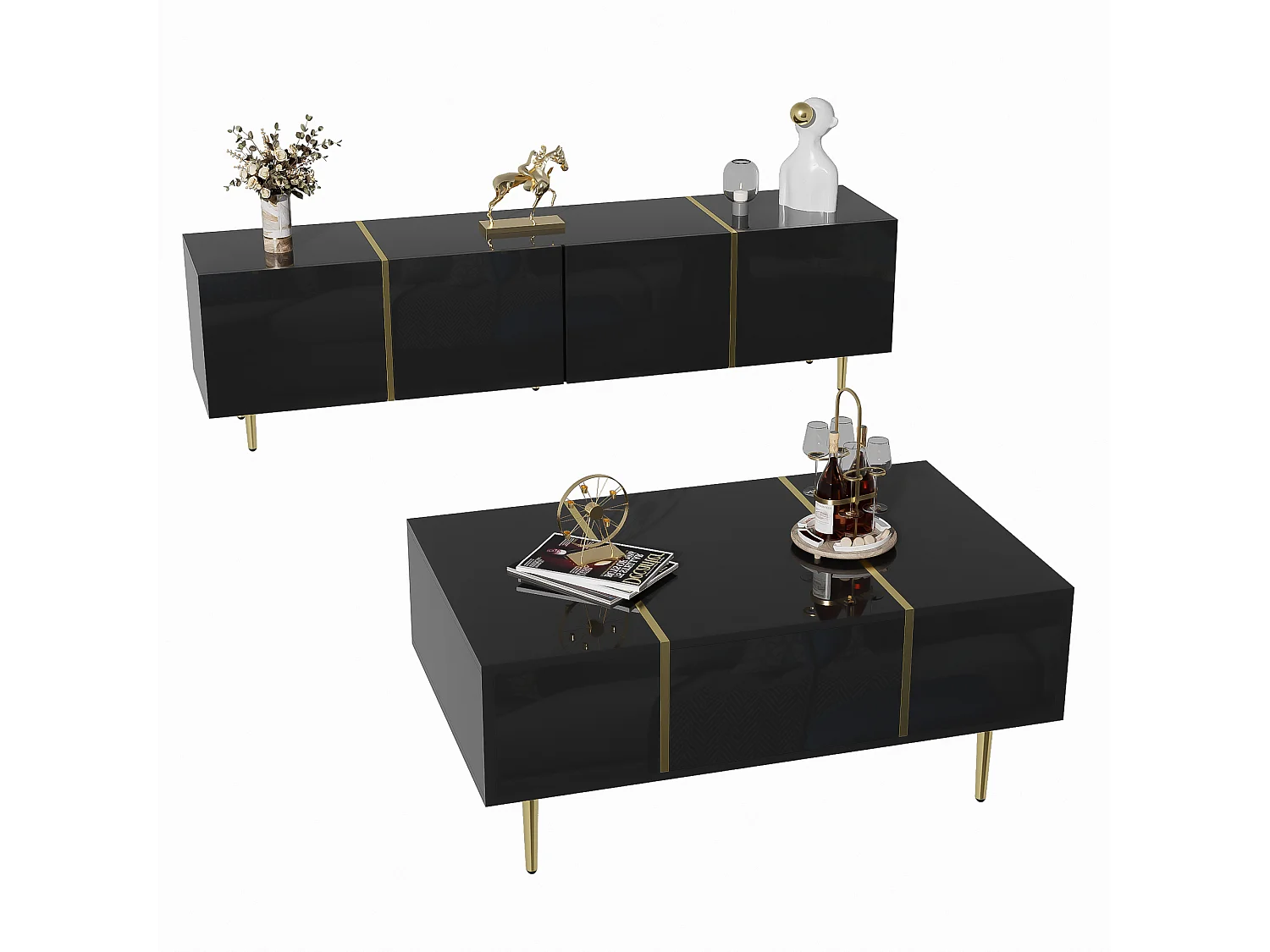 Ensemble meuble TV et table basse moderne - 170 x 35 x 46 cm + 100 x 60 x 41.5 cm - Bois MDF et pièds doré - Noir brillant