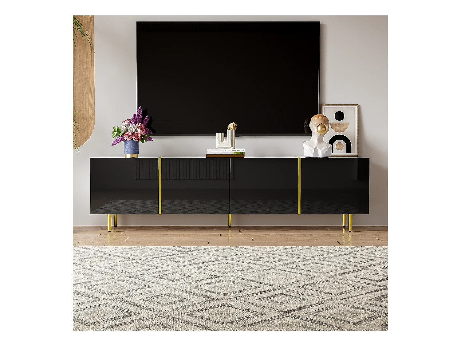 Nowoczesna szafka RTV z 4 drzwiami - 170 x 35 x 46 cm - drewno MDF - połyskująca czerń i złoto