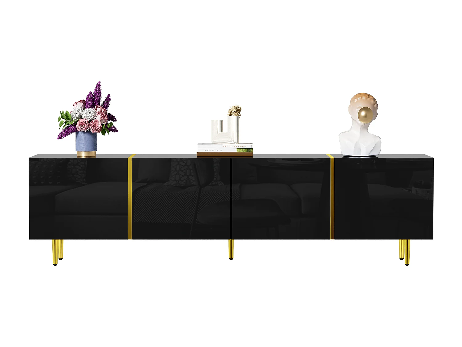 Nowoczesna szafka RTV z 4 drzwiami - 170 x 35 x 46 cm - drewno MDF - połyskująca czerń i złoto