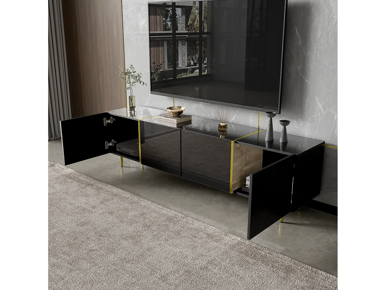 Nowoczesna szafka RTV z 4 drzwiami - 170 x 35 x 46 cm - drewno MDF - połyskująca czerń i złoto