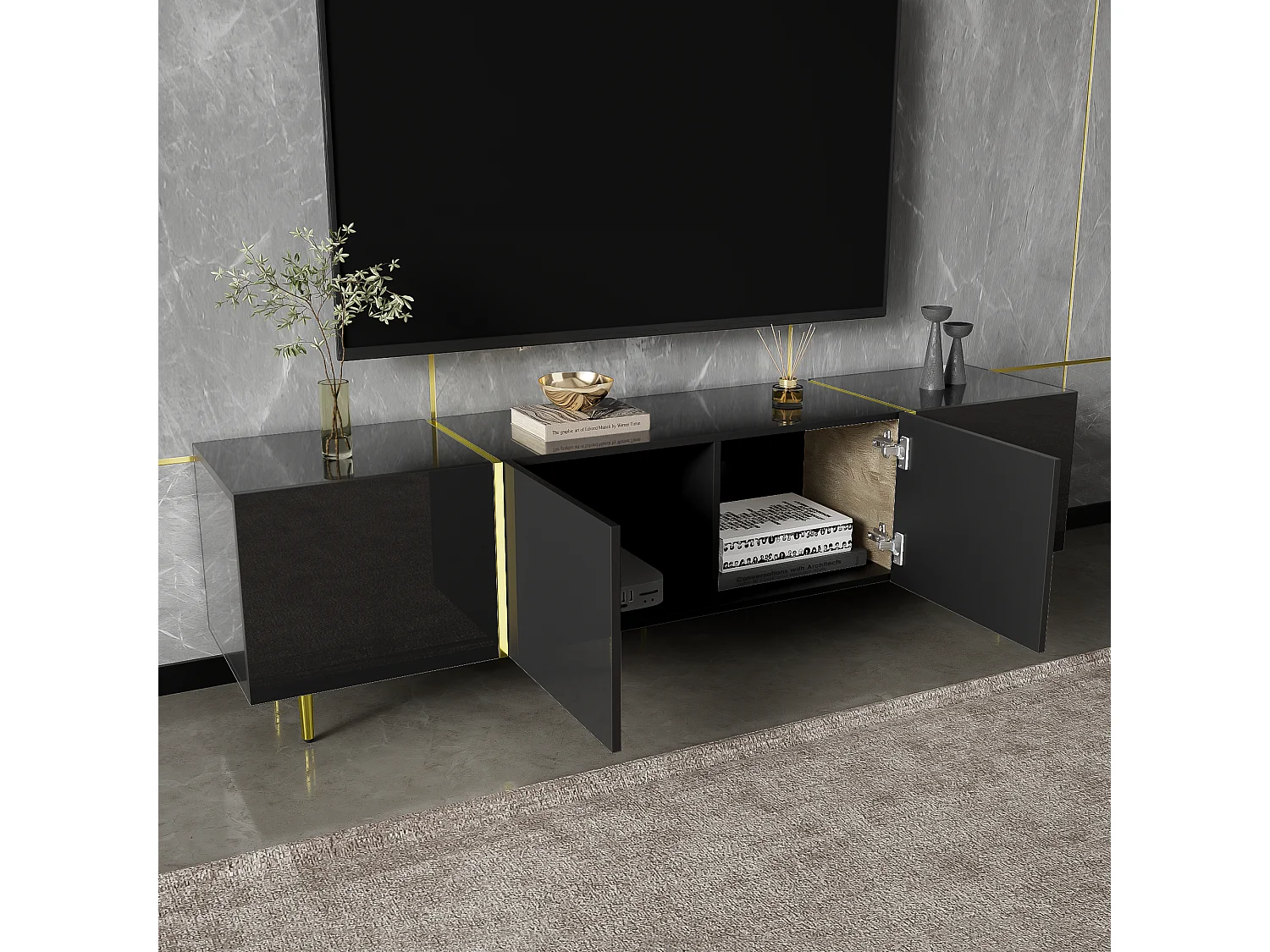 Meuble TV moderne avec 4 portes - 170 x 35 x 46 cm - Bois MDF - Noir brillant et or