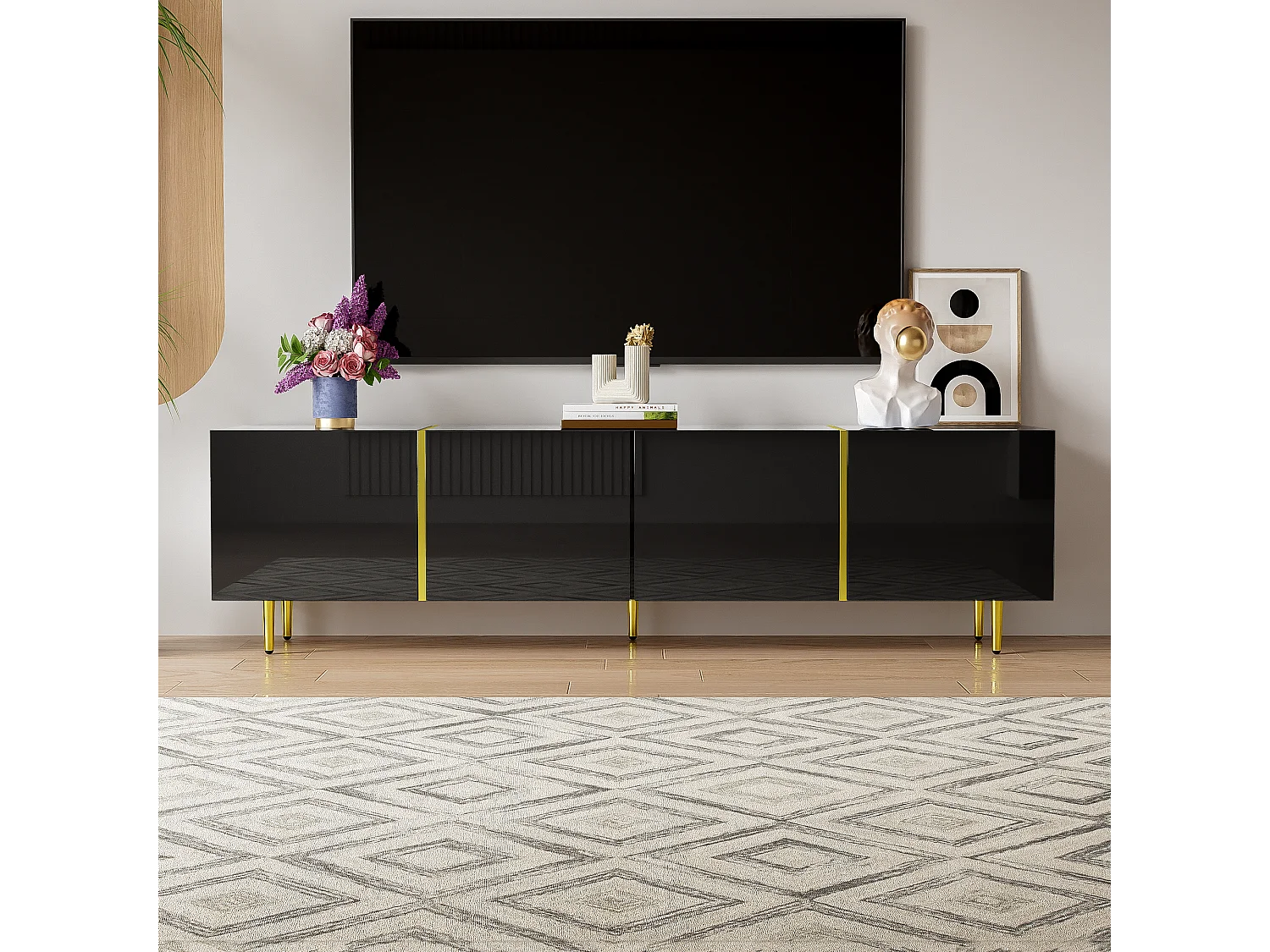 Modern TV-meubel met 4 deuren - 170 x 35 x 46 cm - MDF hout - Glanzend zwart en goud