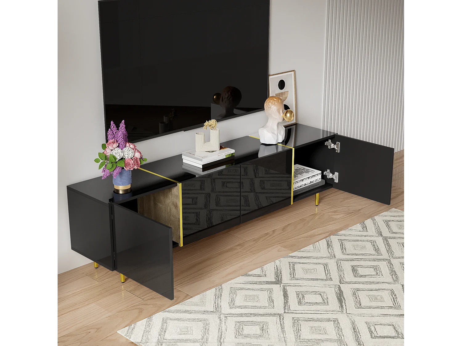 Modern TV-meubel met 4 deuren - 170 x 35 x 46 cm - MDF hout - Glanzend zwart en goud