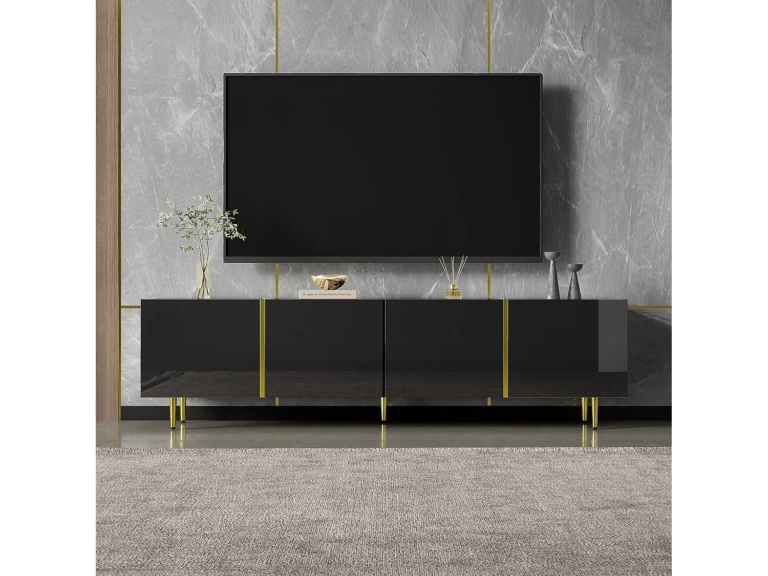 Modern TV-meubel met 4 deuren - 170 x 35 x 46 cm - MDF hout - Glanzend zwart en goud