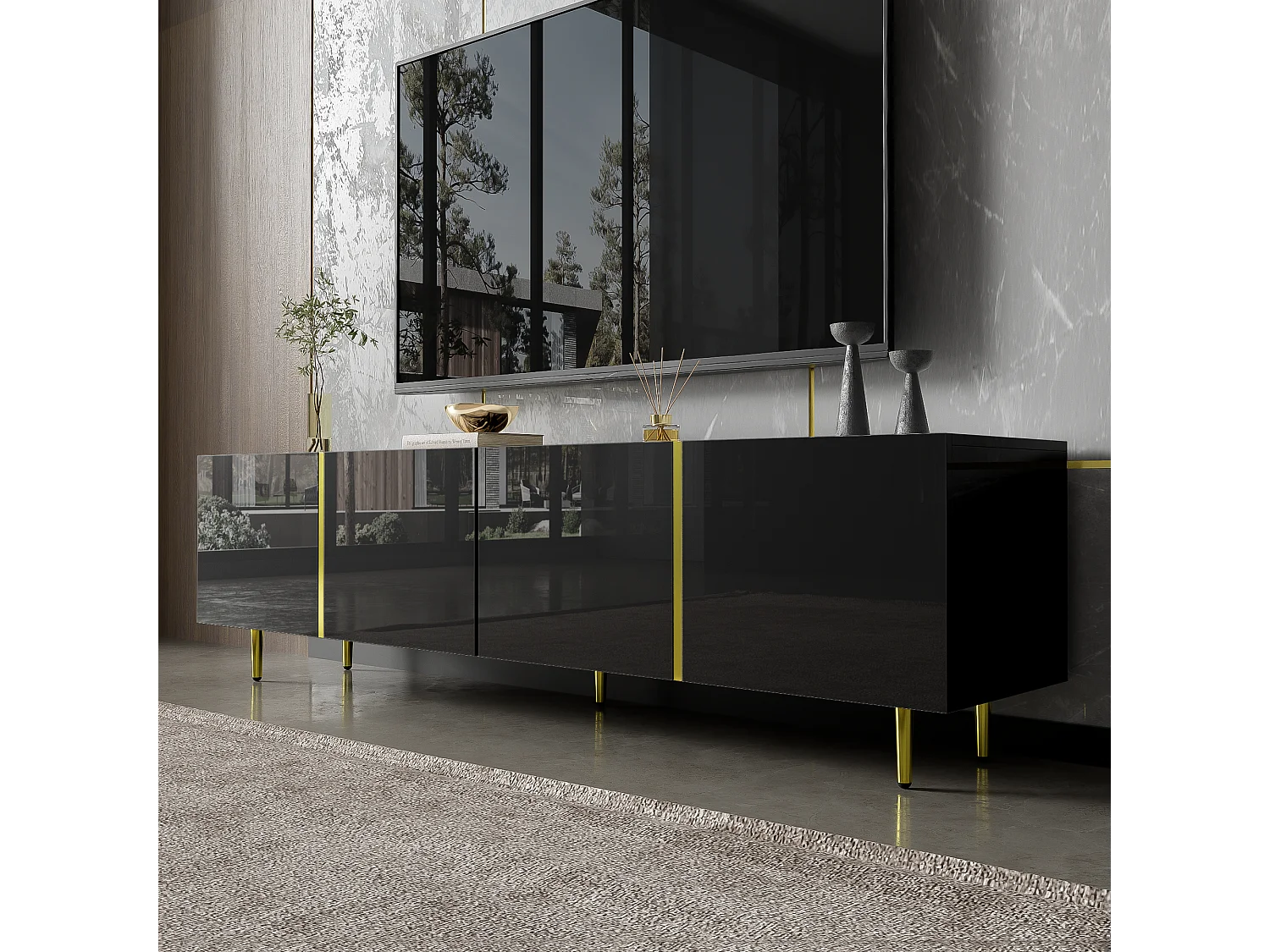 Modern TV-meubel met 4 deuren - 170 x 35 x 46 cm - MDF hout - Glanzend zwart en goud