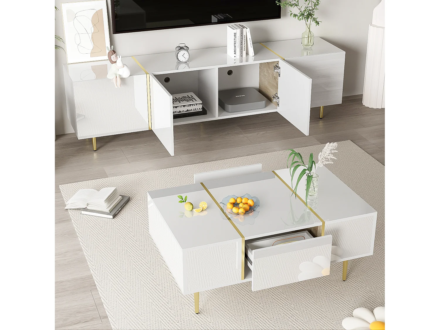 Ensemble meuble TV et table basse moderne - 170 x 35 x 46 cm + 100 x 60 x 41.5 cm - Bois MDF et pièds doré - Blanc brillant