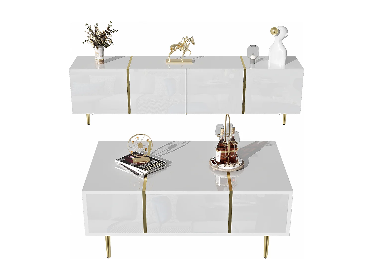 Ensemble meuble TV et table basse moderne - 170 x 35 x 46 cm + 100 x 60 x 41.5 cm - Bois MDF et pièds doré - Blanc brillant
