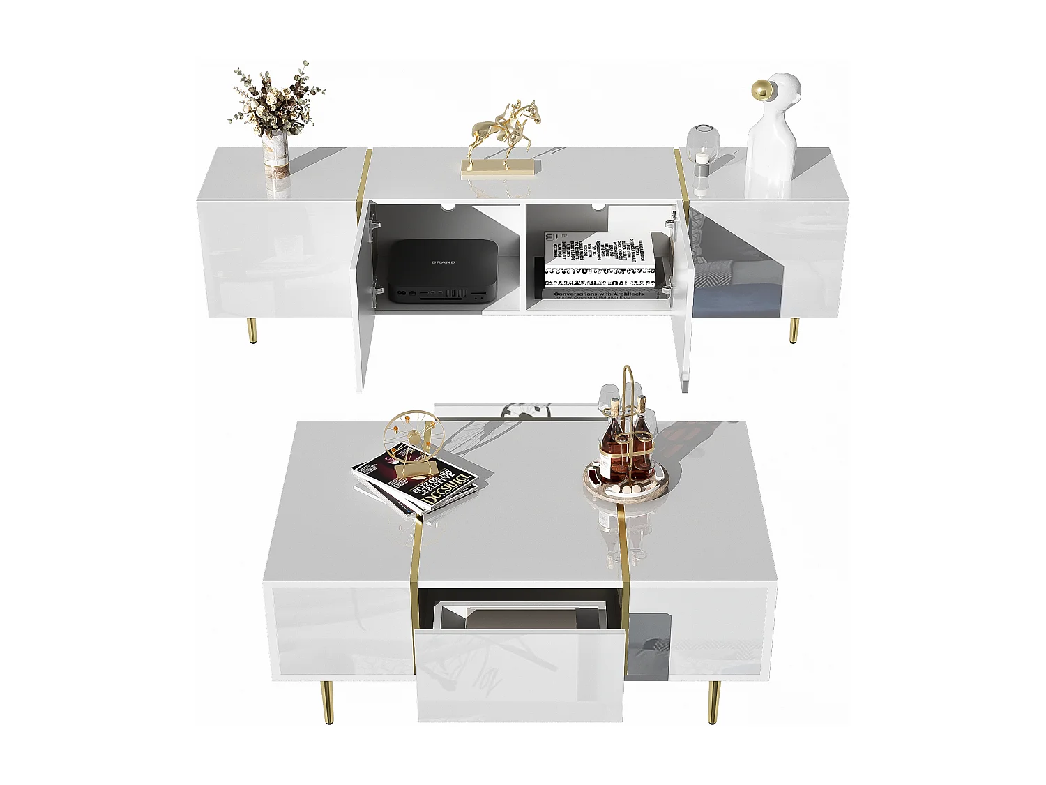 Ensemble meuble TV et table basse moderne - 170 x 35 x 46 cm + 100 x 60 x 41.5 cm - Bois MDF et pièds doré - Blanc brillant