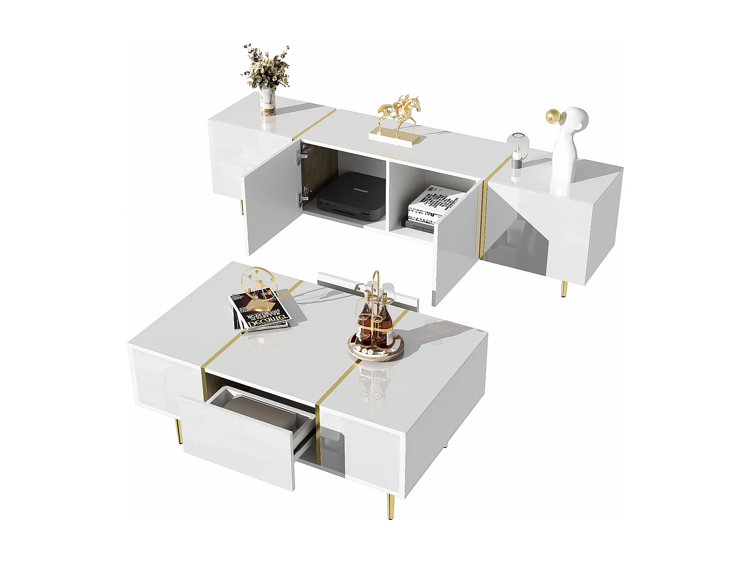 Conjunto moderno de armário de TV e mesa de centro - 170 x 35 x 46 cm + 100 x 60 x 41,5 cm - Madeira MDF e pés dourados - Branco brilhante