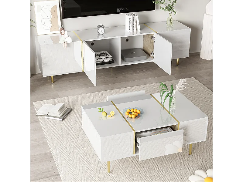 Ensemble meuble TV et table basse moderne - 170 x 35 x 46 cm + 100 x 60 x 41.5 cm - Bois MDF et pièds doré - Blanc brillant