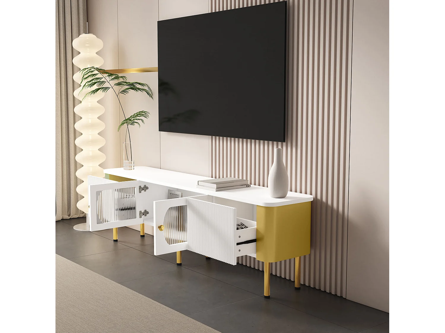 TV-Schrank mit 2 Türen und 2 Schubladen – 170 x 34 x 50 cm – MDF-Holz – goldene Griffe und Füße – Weiß