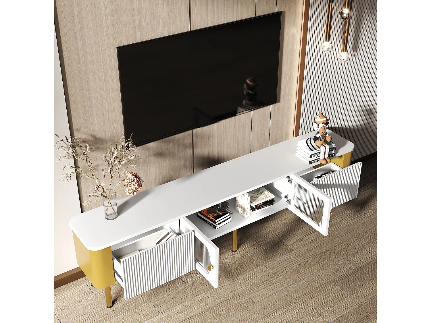 TV-Schrank mit 2 Türen und 2 Schubladen – 170 x 34 x 50 cm – MDF-Holz – goldene Griffe und Füße – Weiß