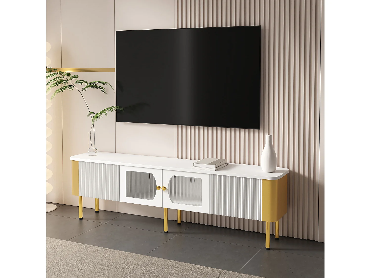 TV-Schrank mit 2 Türen und 2 Schubladen – 170 x 34 x 50 cm – MDF-Holz – goldene Griffe und Füße – Weiß