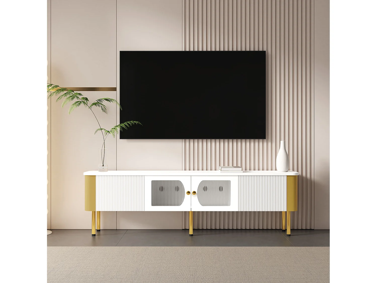 TV-Schrank mit 2 Türen und 2 Schubladen – 170 x 34 x 50 cm – MDF-Holz – goldene Griffe und Füße – Weiß