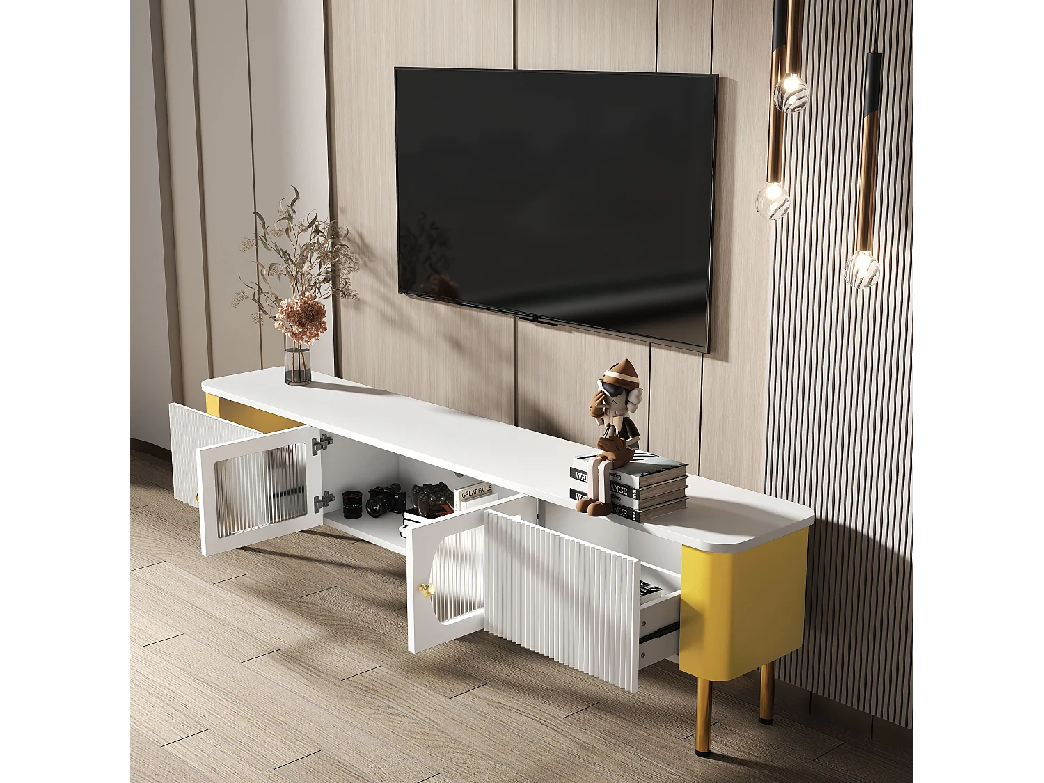 TV-Schrank mit 2 Türen und 2 Schubladen – 170 x 34 x 50 cm – MDF-Holz – goldene Griffe und Füße – Weiß